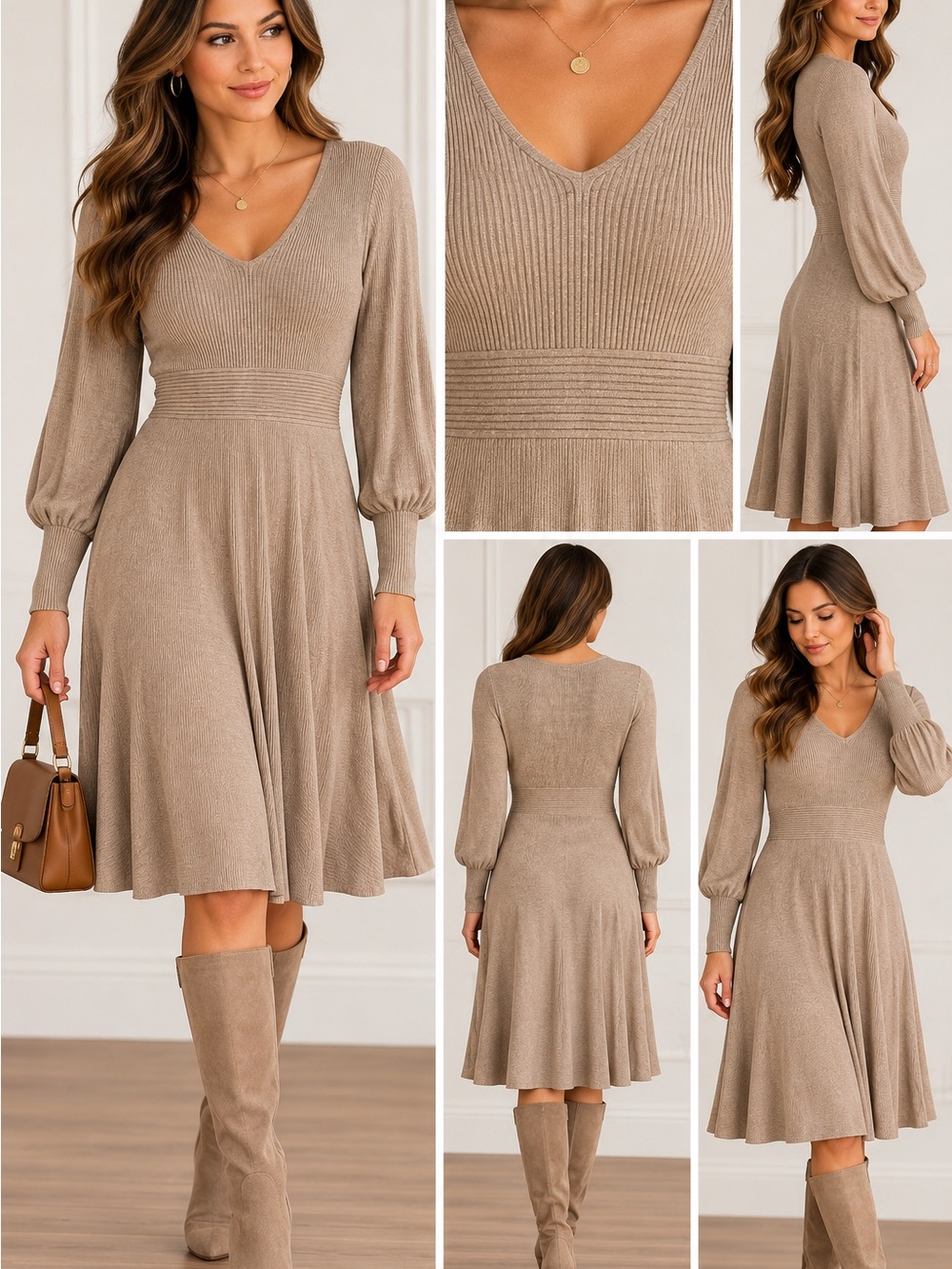 Rachel Zoe Taupe Ribbed V-Neck Long Sleeve Fit & Flare Dress